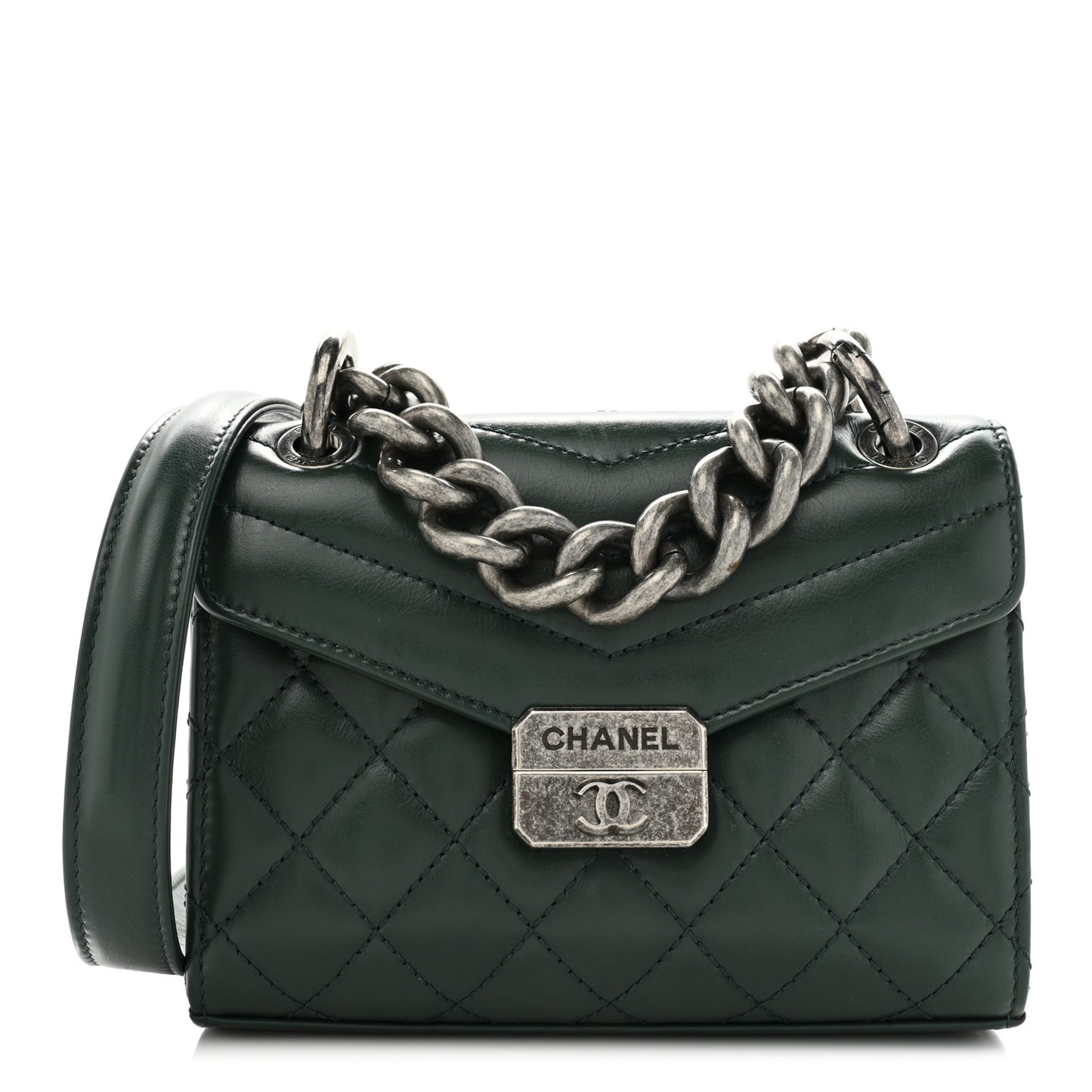 Shiny Calfskin Quilted Mad About Quilting Mini Flap Dark Green