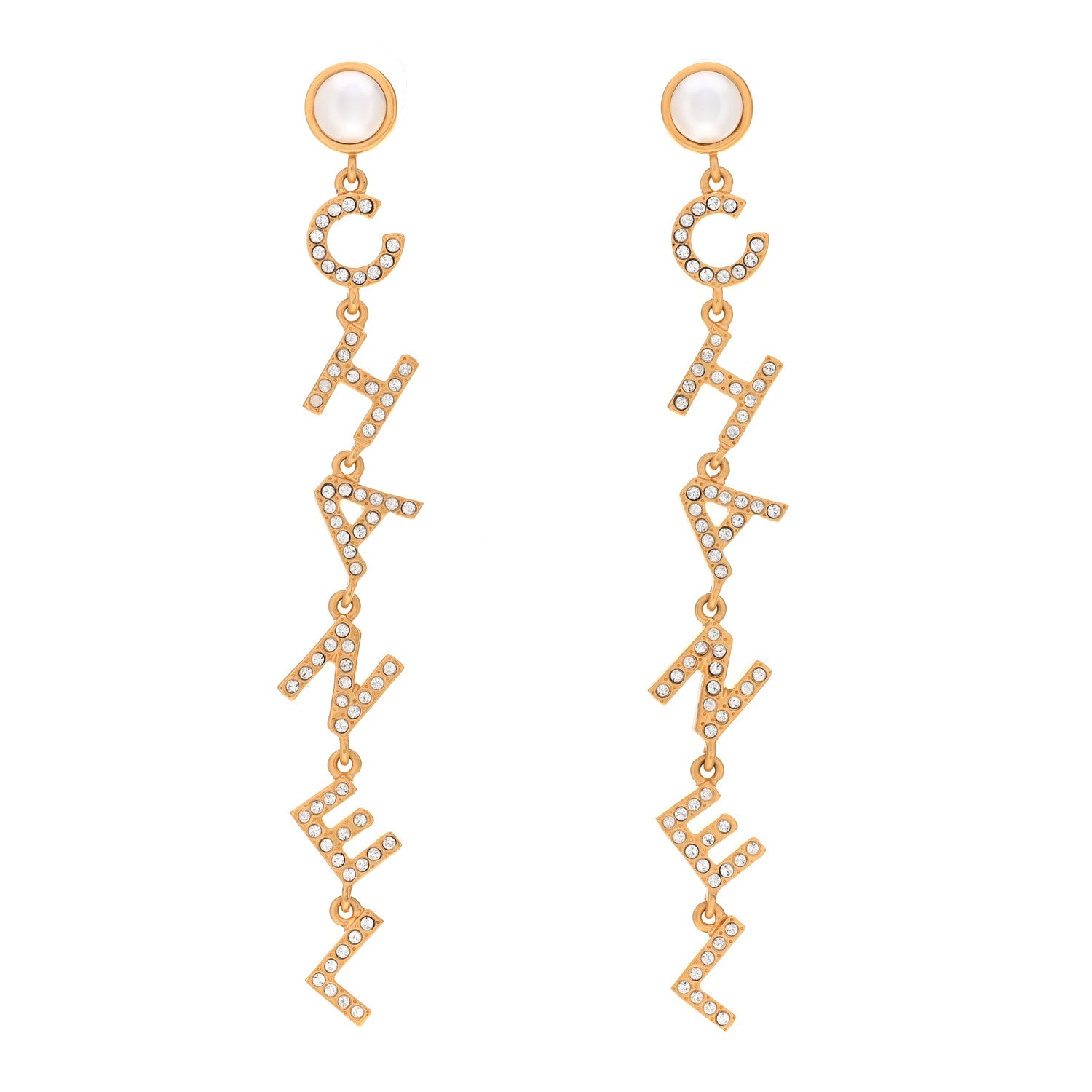 Chanel Crystal Pearl Logo Drop Earrings Gold 1 of 5