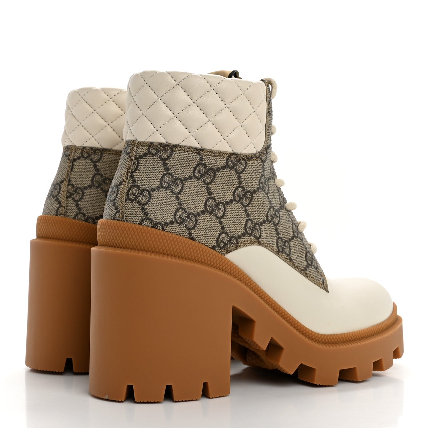 Calfskin GG Supreme Monogram Nappa Quilted Lace Up Ankle Boots 37 Mystic White Beige