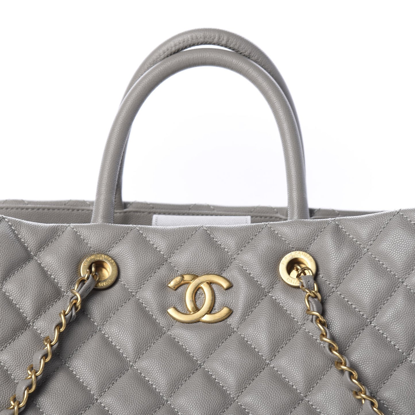 Caviar Quilted Large Coco Handle Shopping Tote Grey