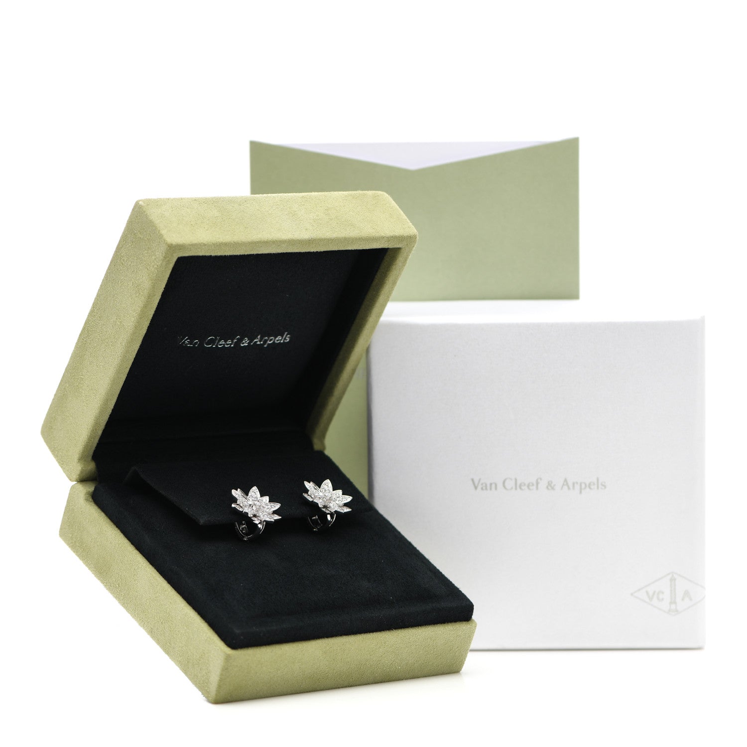 Van Cleef & Arpels 18K White Gold Diamond Small Lotus Earrings 8 of 8