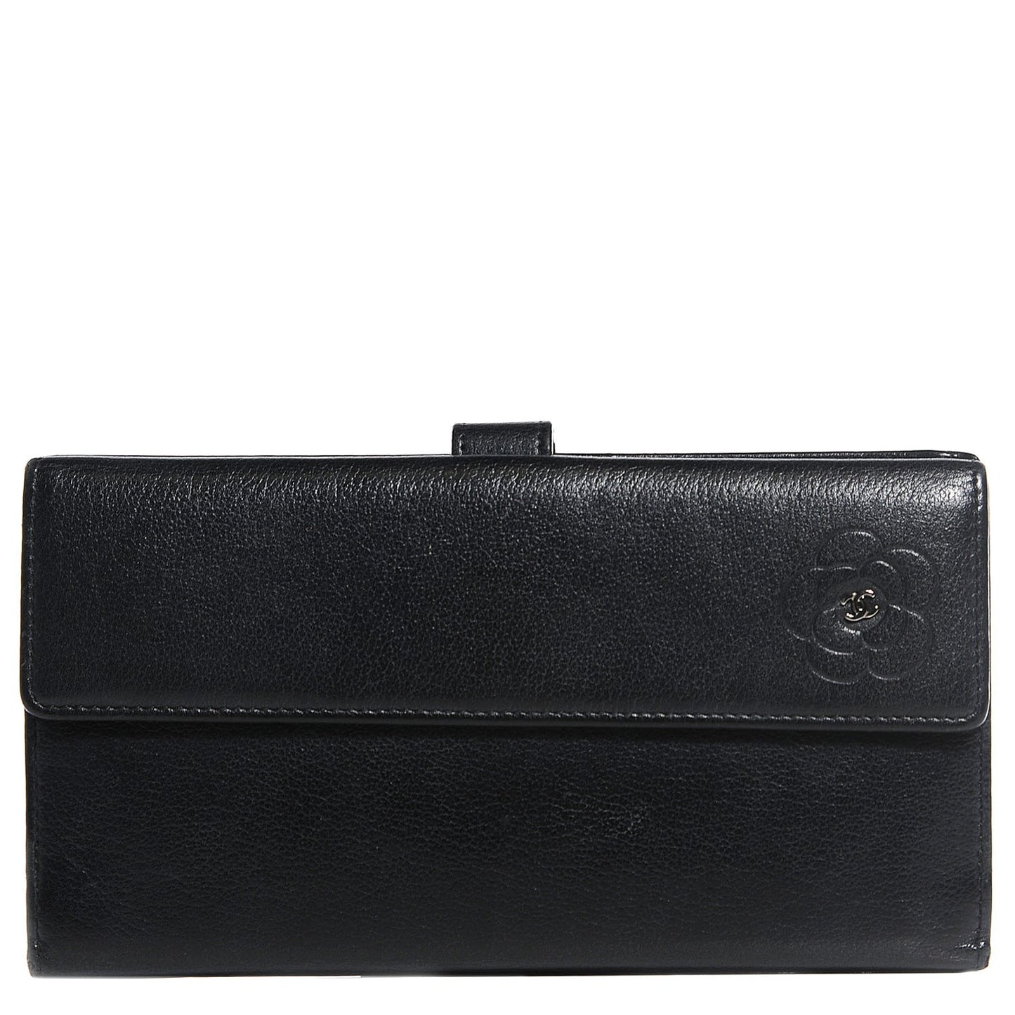Goatskin Camellia Embossed Flap Wallet Black