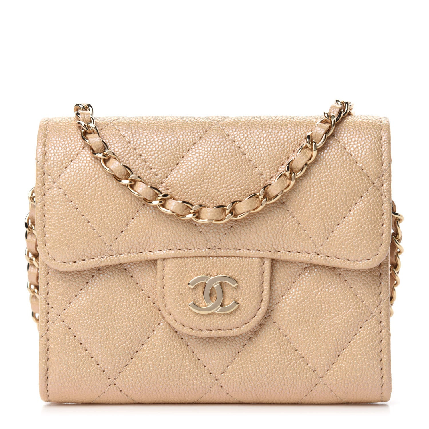 Chanel Iridescent Caviar Quilted Flap Card Holder On Chain Beige 1 of 12