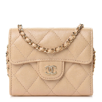 Chanel Iridescent Caviar Quilted Flap Card Holder On Chain Beige 1 of 12