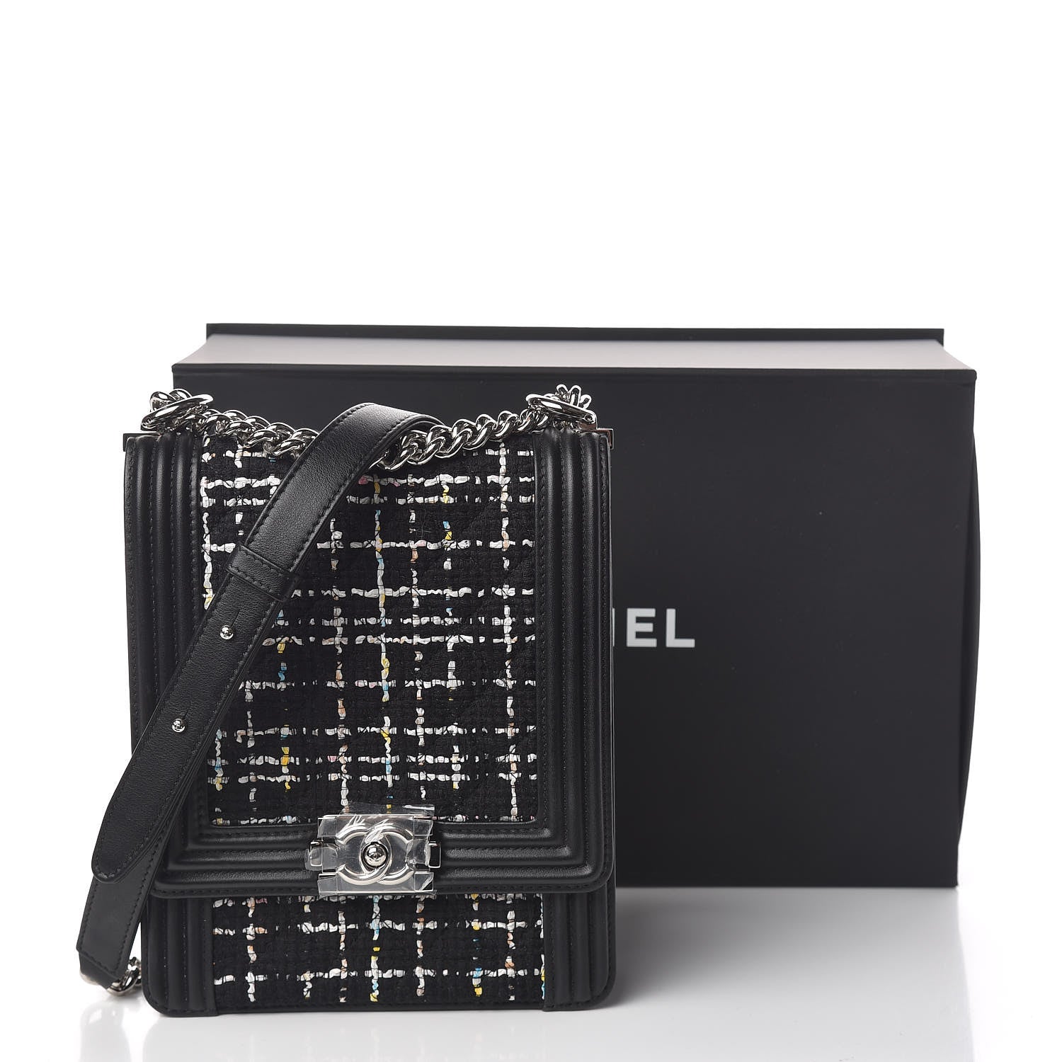 Chanel Calfskin Tweed Quilted North South Boy Flap Black 15 of 15