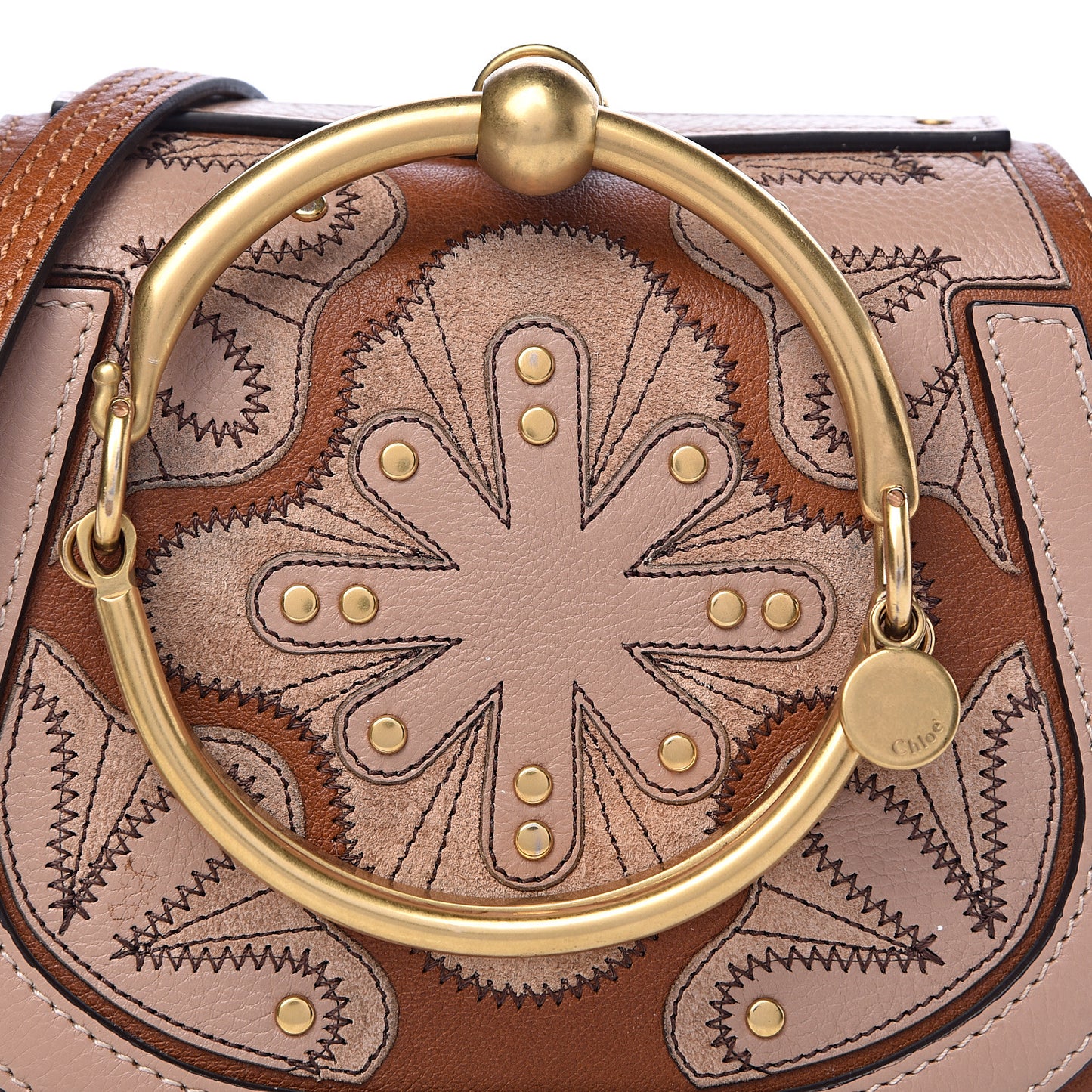 Calfskin Suede Floral Patchwork Small Nile Bracelet Bag Caramel
