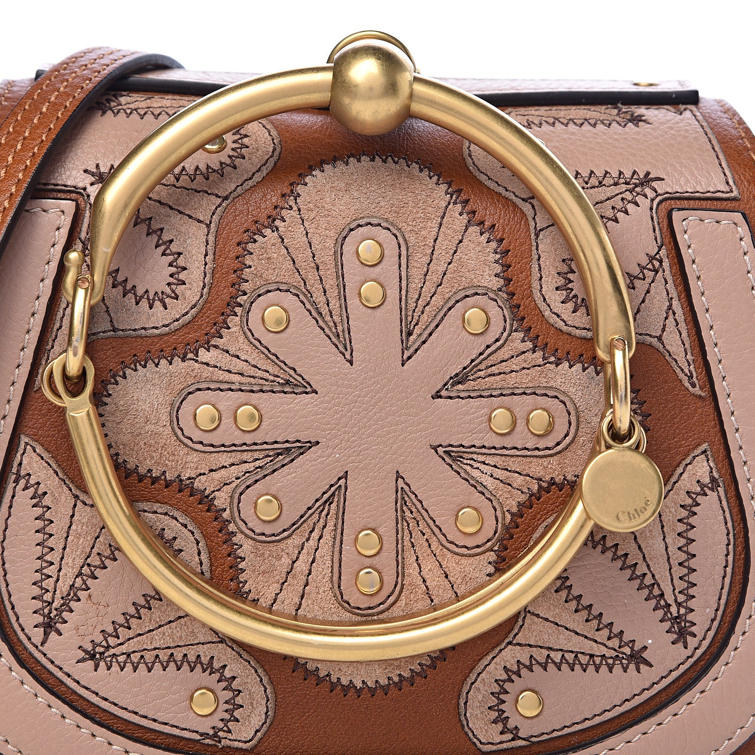 Chloe Calfskin Suede Floral Patchwork Small Nile Bracelet Bag Caramel 8 of 10