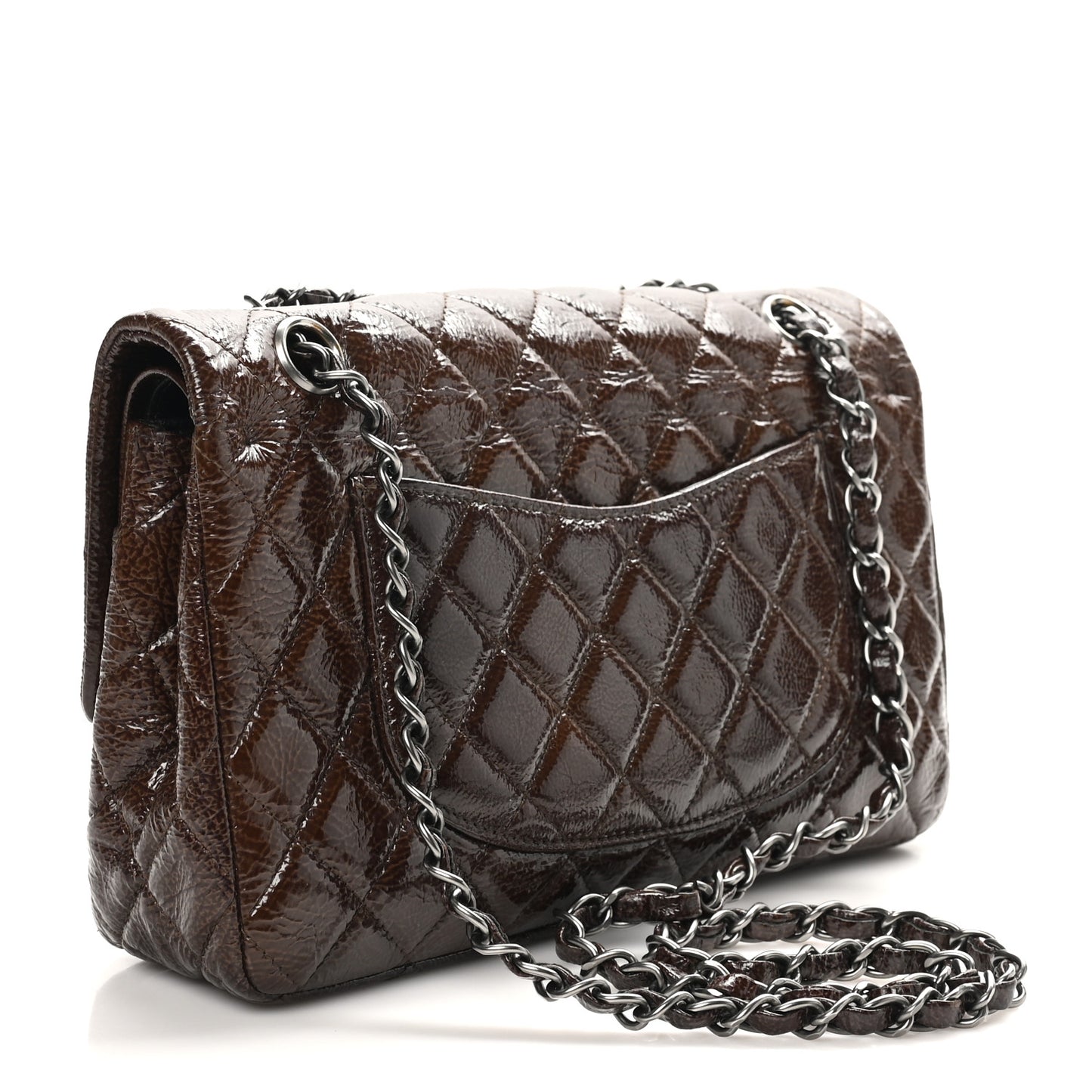 Crinkled Patent Quilted Medium Double Flap Brown