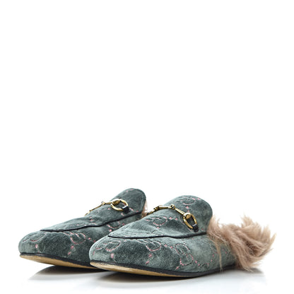 Gucci Velvet GG Monogram Fur Womens Princetown Slippers 37.5 Avio Dusty Pink 2 of 11