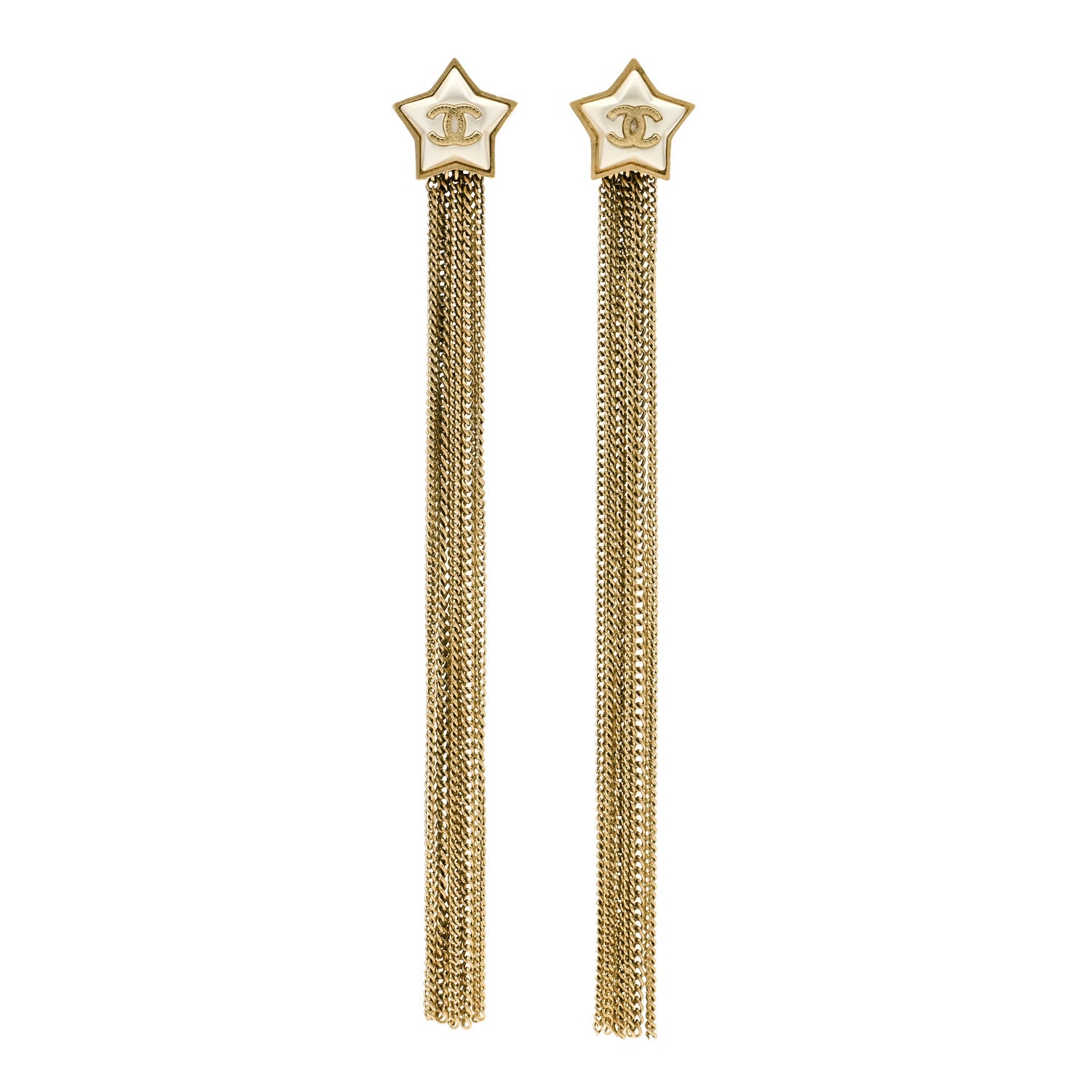 Chanel Metal Resin Pearl Star CC Drop Earrings Gold Pearly White 1 of 4