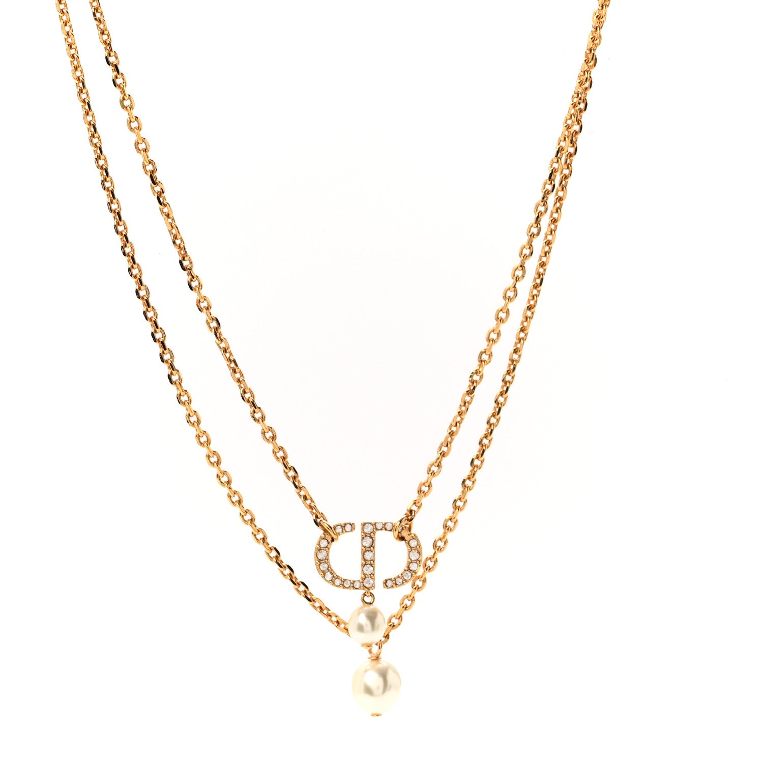 Christian Dior Crystal Pearl CD Drop Necklace Gold 1 of 7