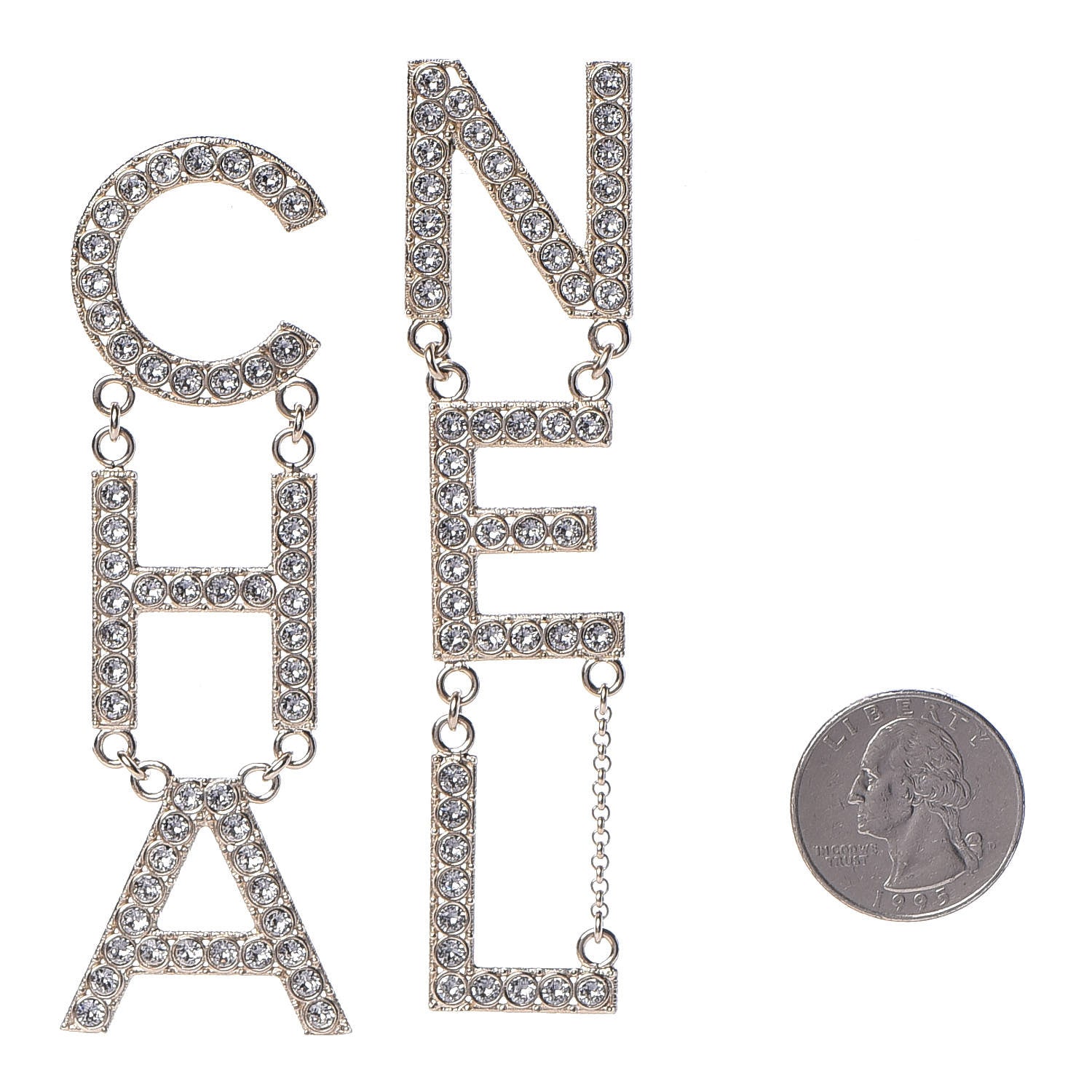 Chanel Crystal Cha-Nel Logo Drop Earrings Gold 2 of 5