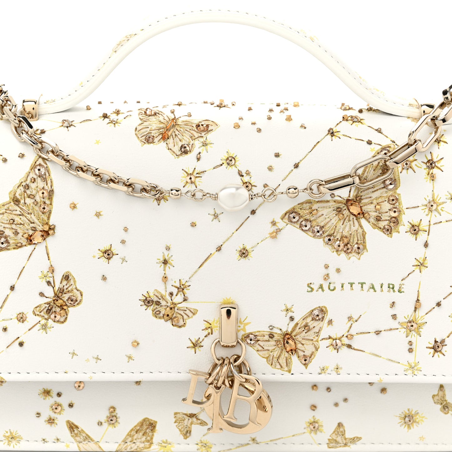 Calfskin Butterfly Zodiac Print Embroidery Mini My Dior Top Handle Clutch White Gold