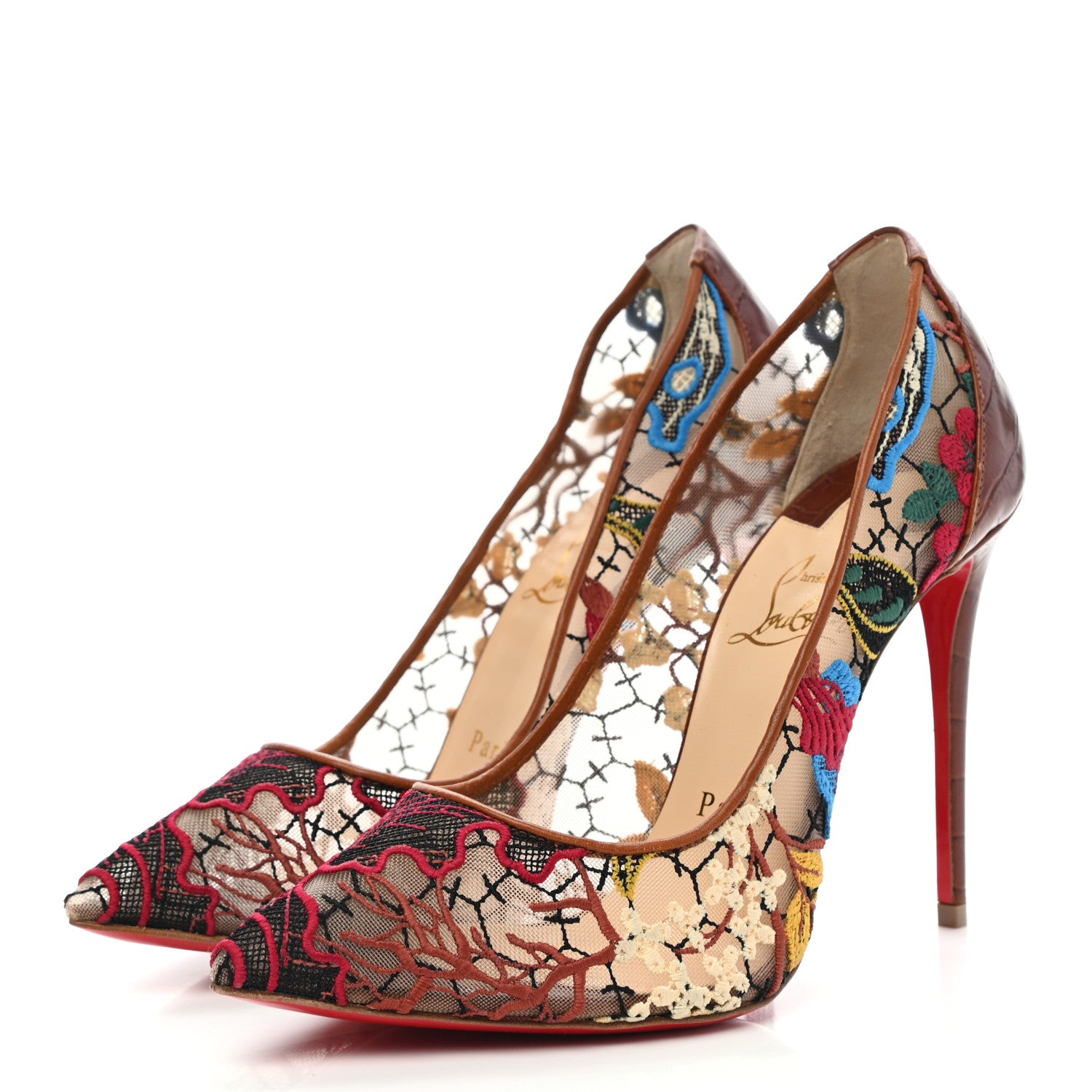 Christian Louboutin Lace Calfskin Crocodile Embossed Follies 100 Pumps 37 Cuoio Multicolor 3 of 7