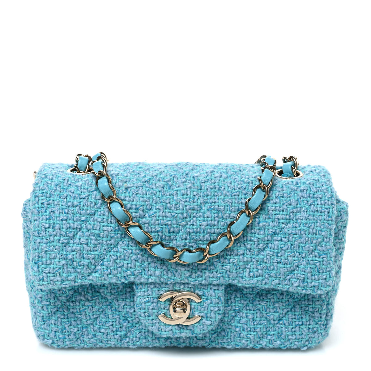 Chanel Wool Tweed Quilted Mini Rectangular Flap Turquoise Light Blue 1 of 10
