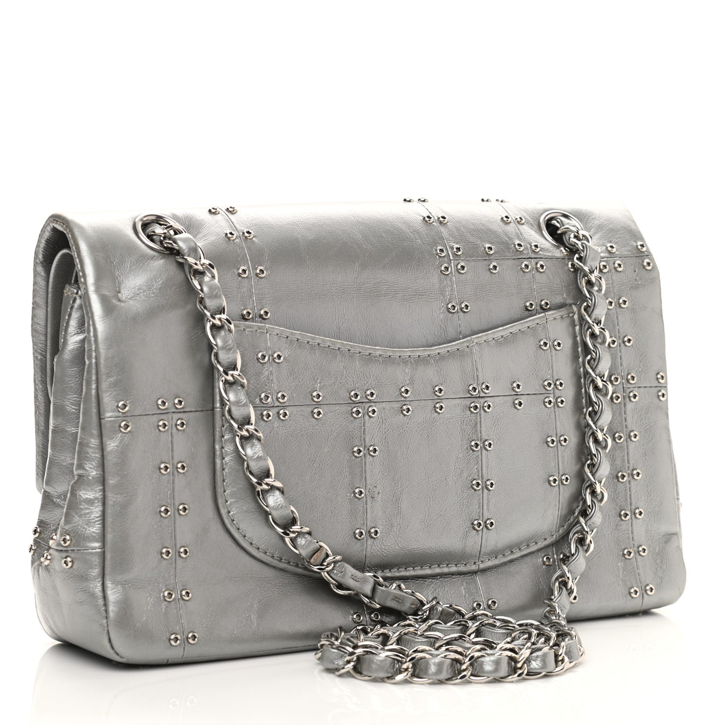 Glazed Calfskin Grommet Embellished Medium Airline Double Flap Silver