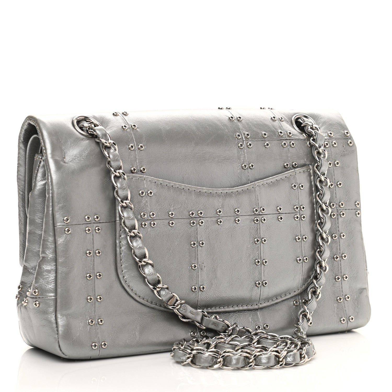 Chanel Glazed Calfskin Grommet Embellished Medium Airline Double Flap Silver 3 of 13
