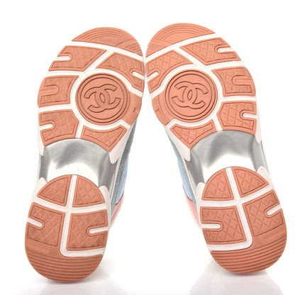 Chanel Nylon Lambskin Suede Calfskin CC Sneakers 36 Coral Light Blue White 6 of 10
