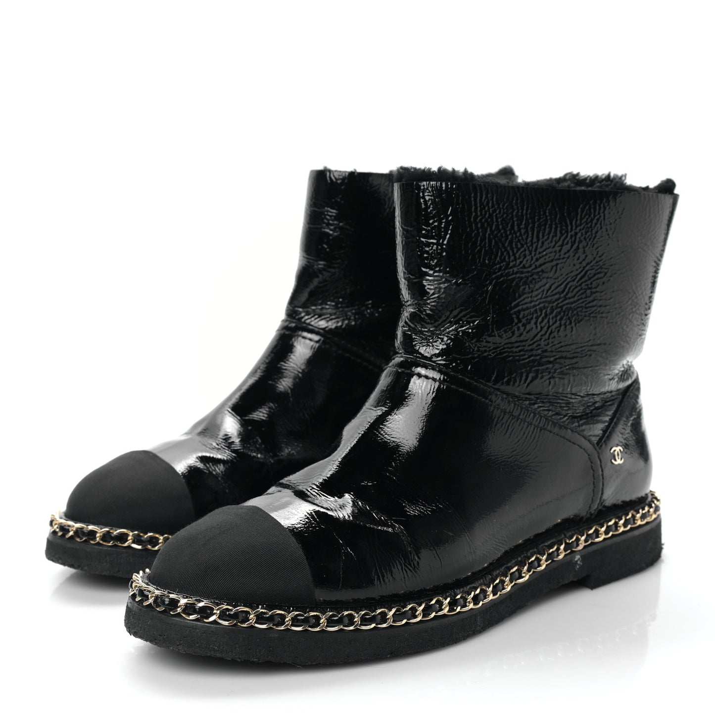 Crumpled Calfskin Shearling Womens Cap Toe Chain Short Boots 40 Black