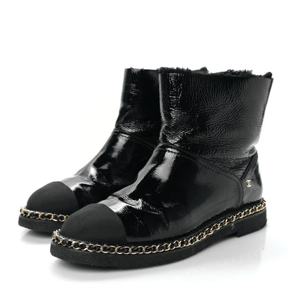 Chanel Crumpled Calfskin Shearling Womens Cap Toe Chain Short Boots 40 Black 3 of 8