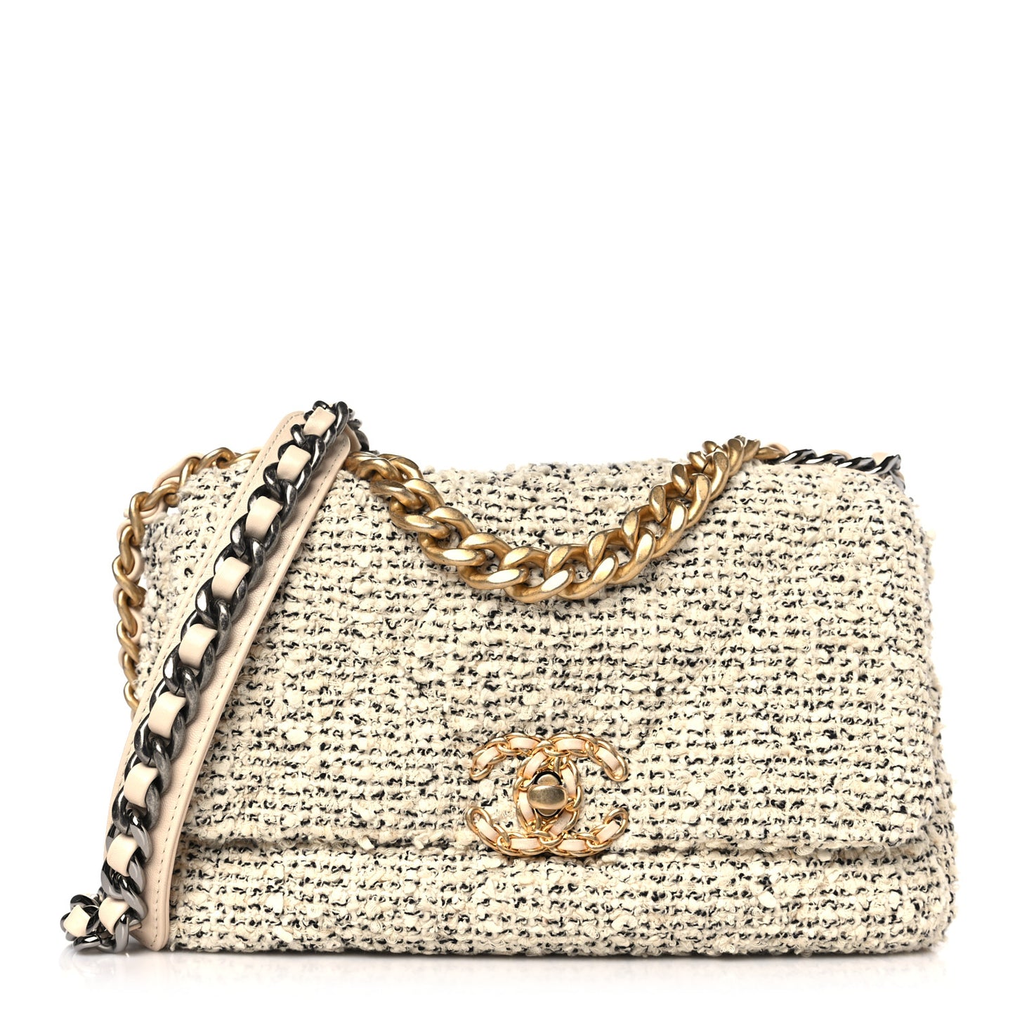 Tweed Quilted Medium Chanel 19 Flap Ecru Black