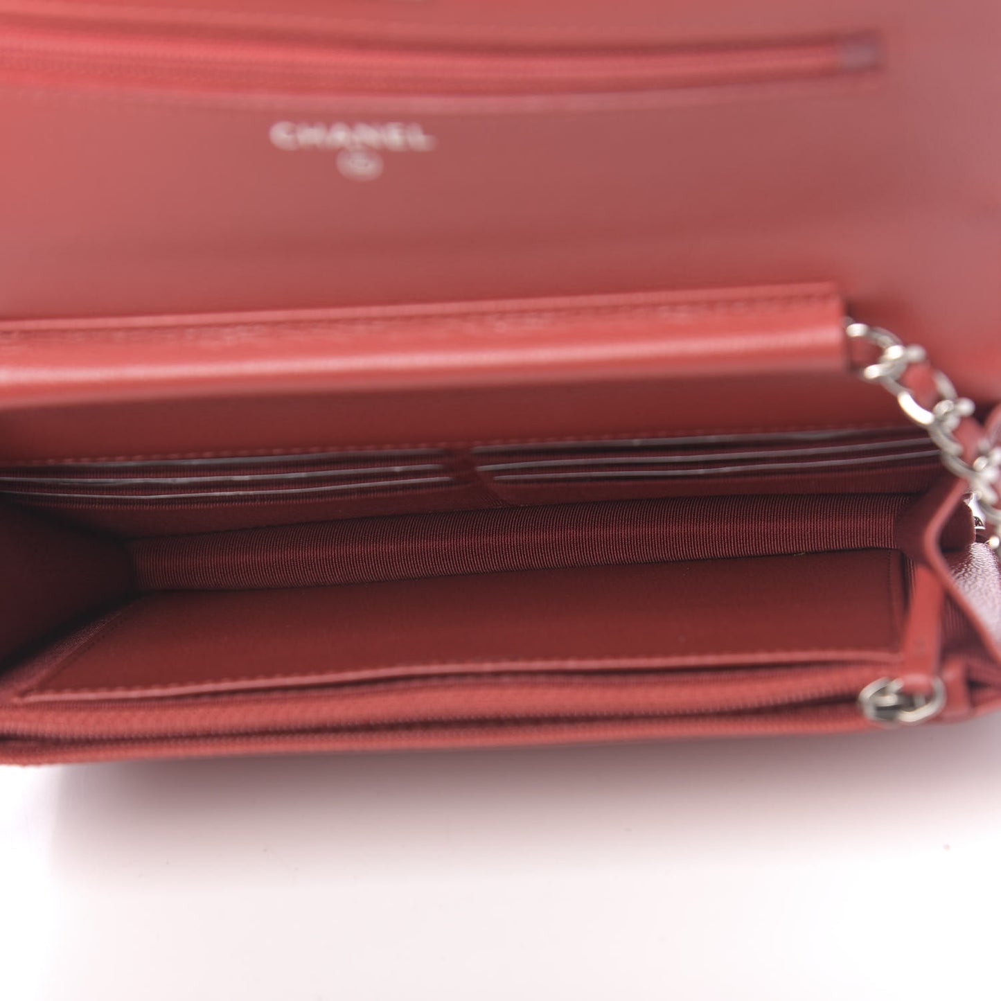 Grained Calfskin Quilted CC Box Wallet On Chain WOC Red