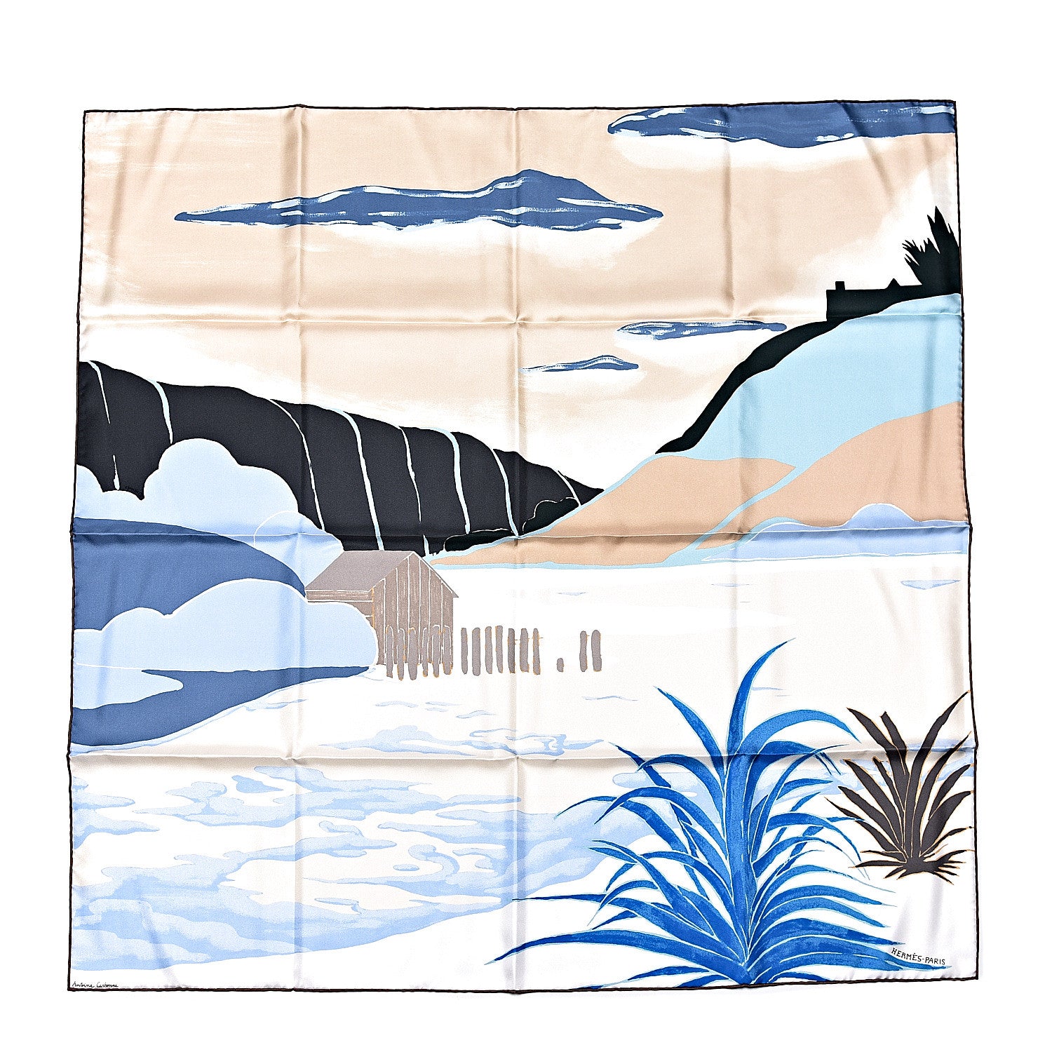 Hermes Silk Au Bout Du Monde Scarf 90 Sable Bleu Creme 1 of 5