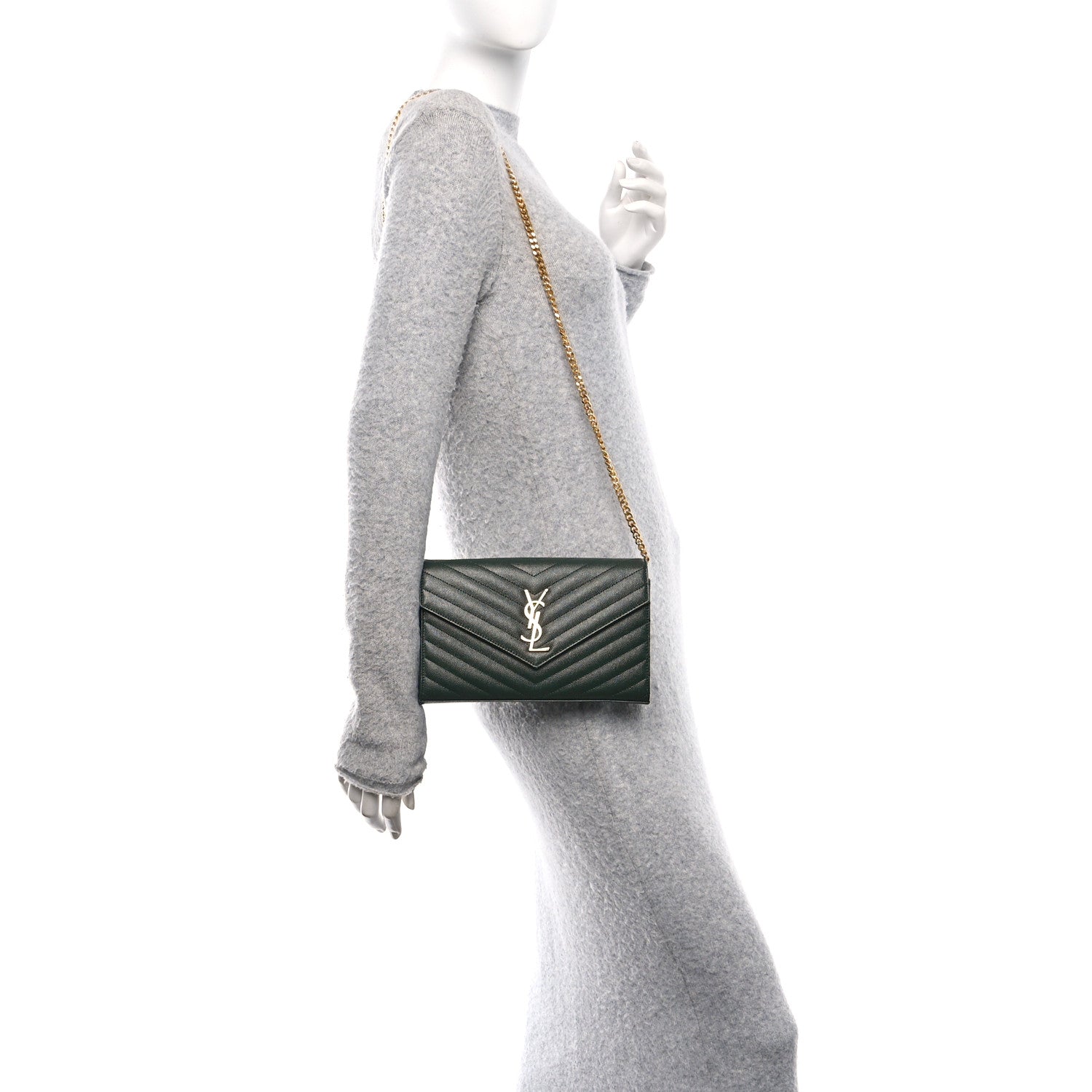 Saint Laurent Grain De Poudre Matelasse Chevron Monogram Chain Wallet Dark Green 2 of 10