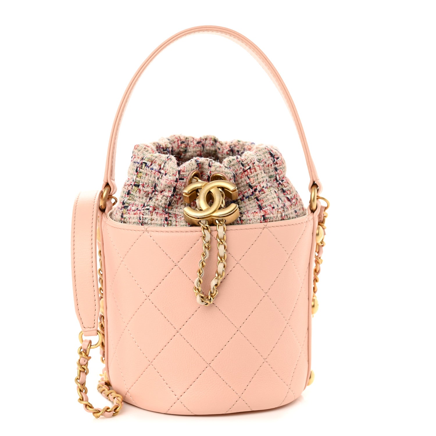 Chanel Calfskin Tweed Small CC Chain Bucket Drawstring Bag Light Pink 1 of 10