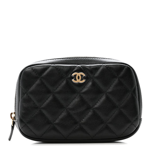 Lambskin Quilted Small Curvy Pouch Cosmetic Case Black