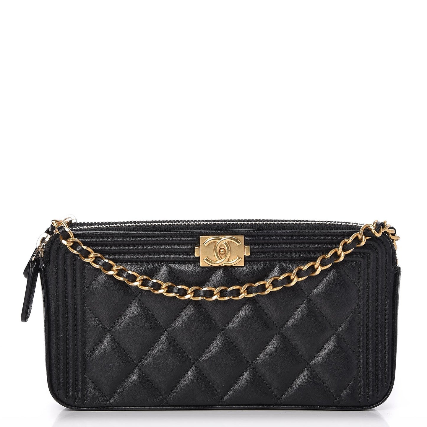 Lambskin Quilted Small Boy Clutch With Chain Black