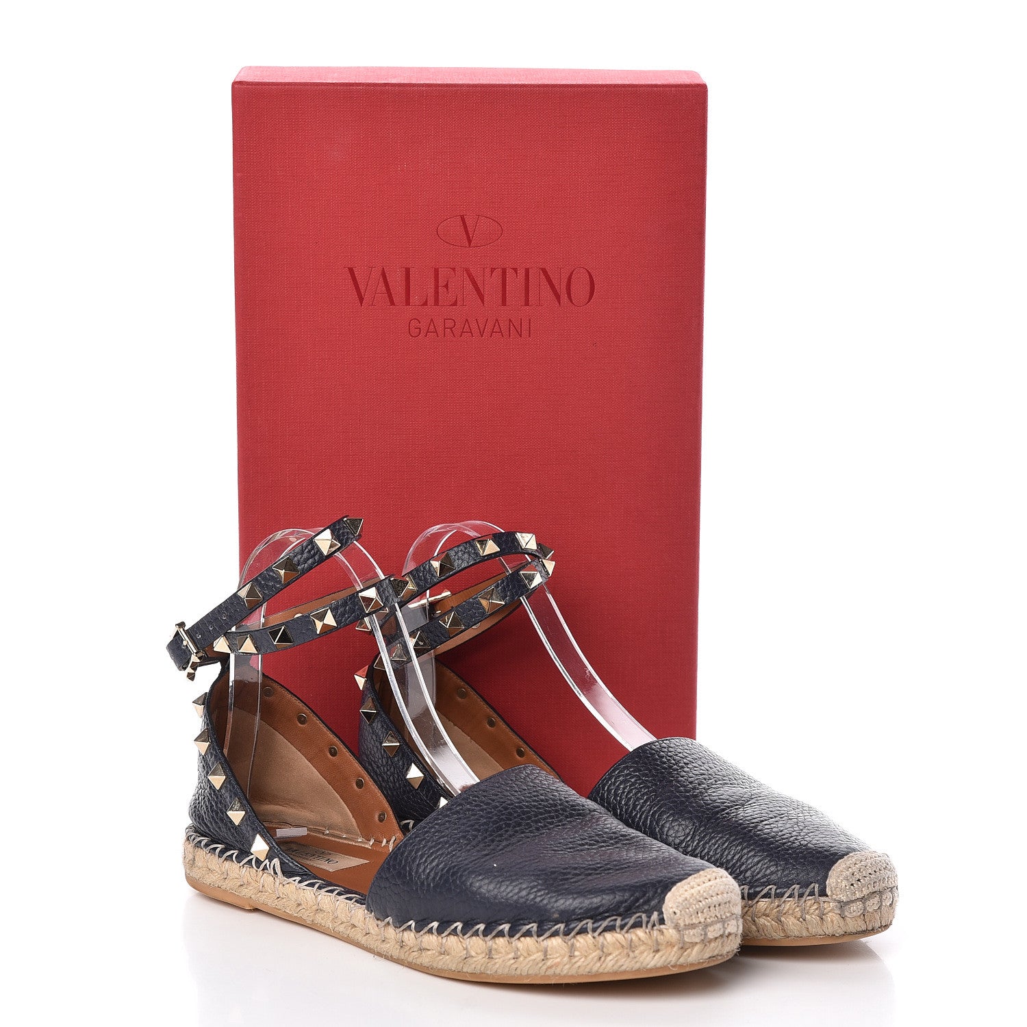 Valentino Garavani Grained Calfskin Rockstud Ankle Wrap Espadrille 20mm Flats 37 Black Light Cuir Natural 10 of 10