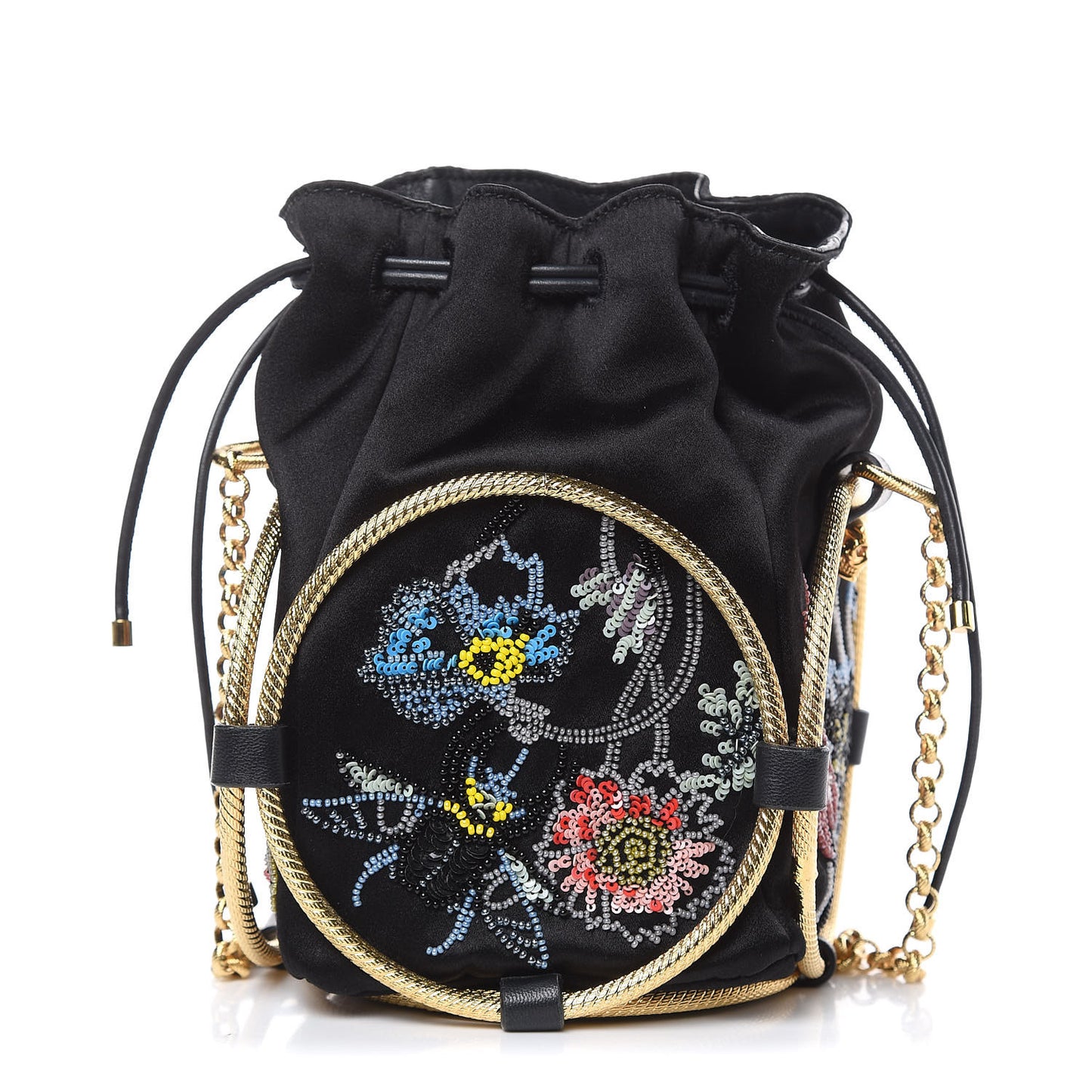 Satin Embroidered Drawstring Bag Black