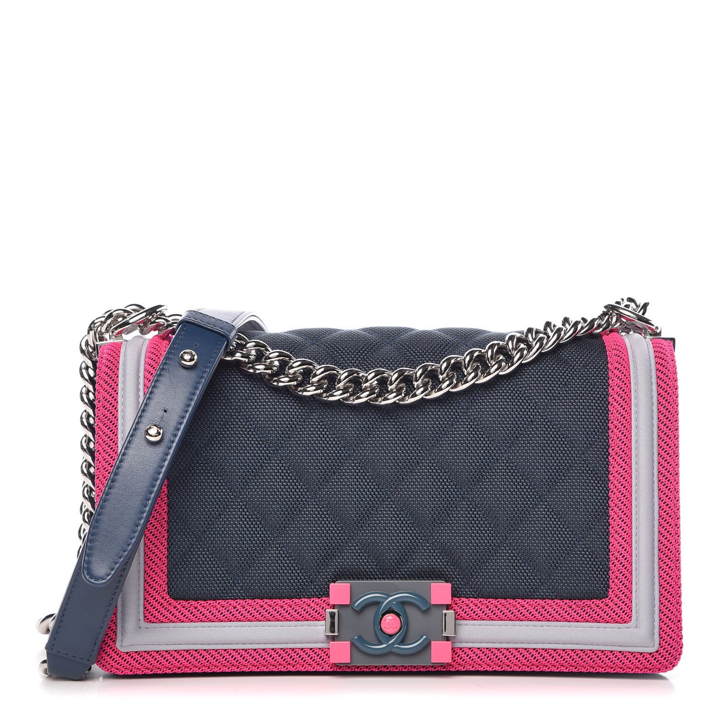 Canvas Quilted Medium Fluo Boy Flap Dark Navy Fuchsia Grey