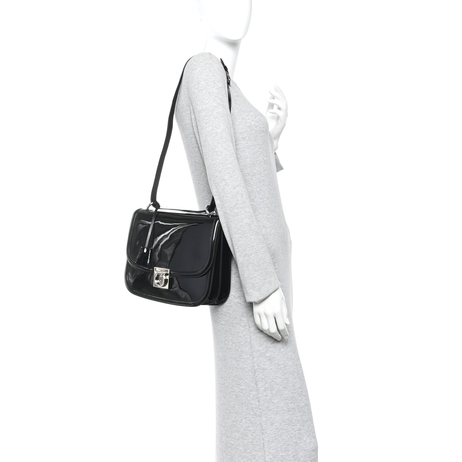 Salvatore Ferragamo Patent Jody Shoulder Bag Black 2 of 12