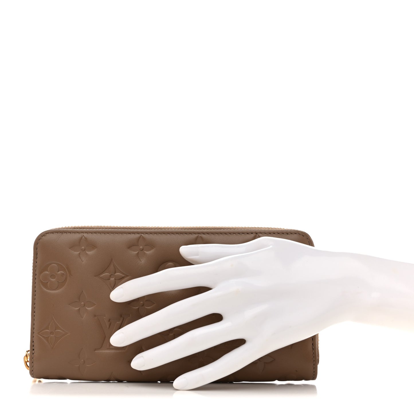 Lambskin Embossed Monogram Coussin Zippy Wallet Taupe