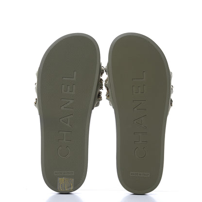 Chanel Canvas Chain Flat Sandals 37 Khaki 6 of 9