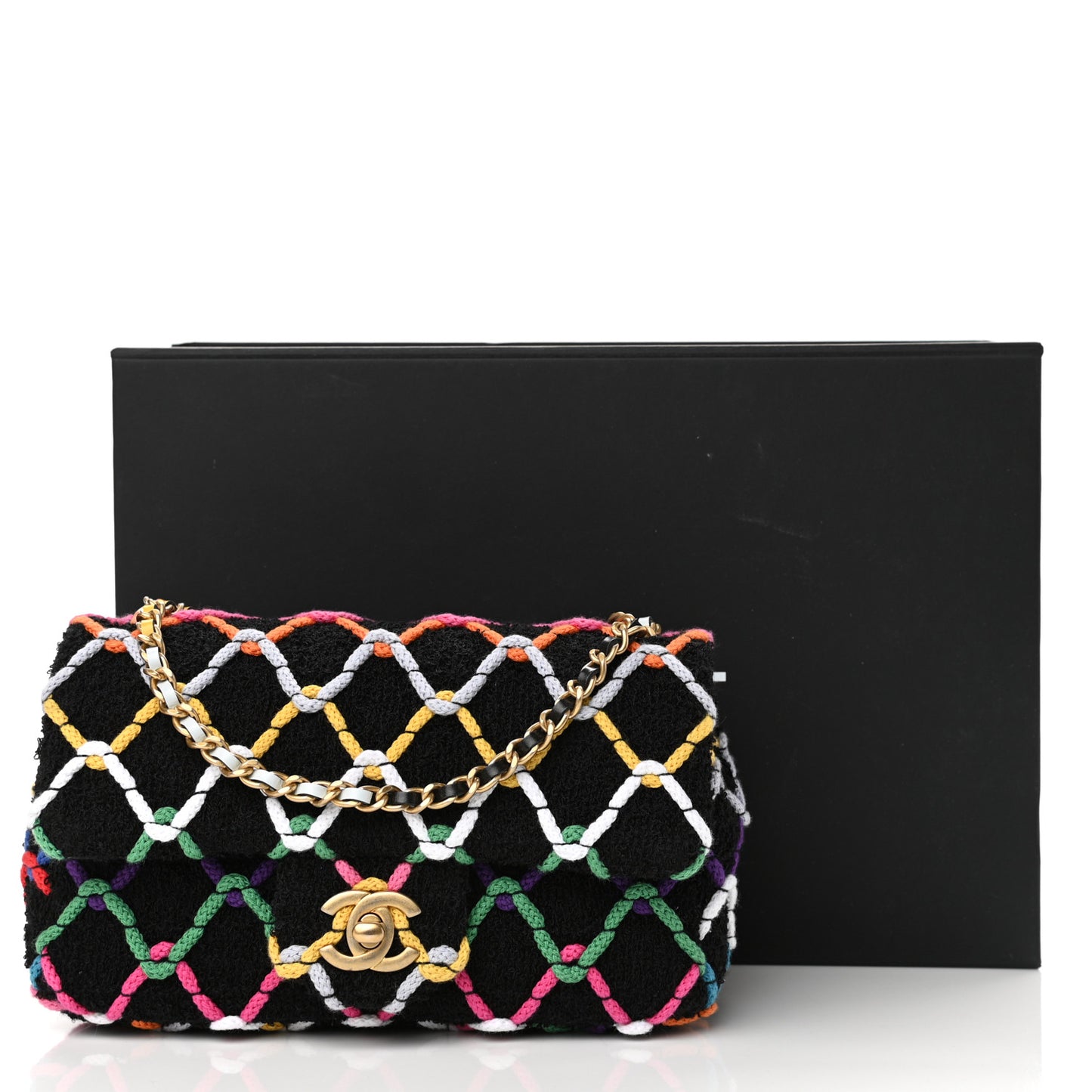Tweed Diamond Threaded Mini Rectangular Pearl Crush Flap Black Multicolor