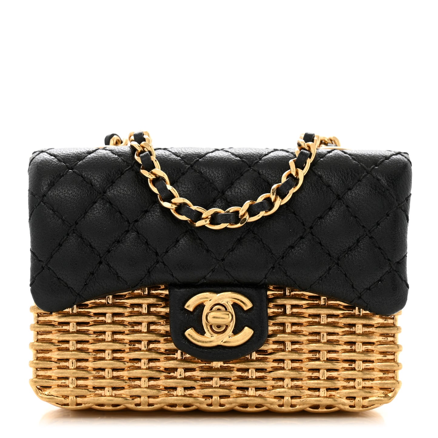 Woven Metal Lambskin Quilted Micro Flap Black Gold