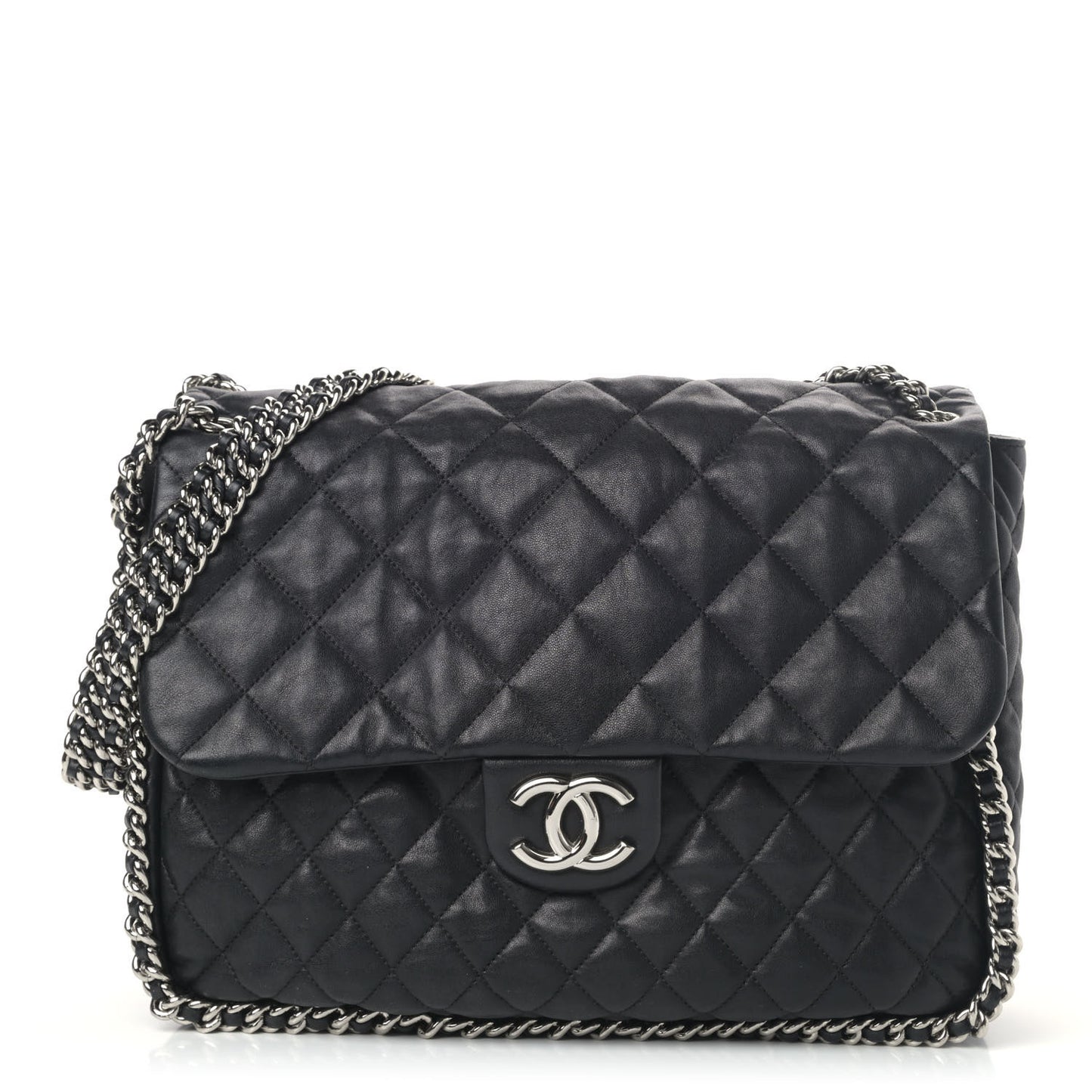 Washed Lambskin Quilted Maxi Chain Around Flap Black