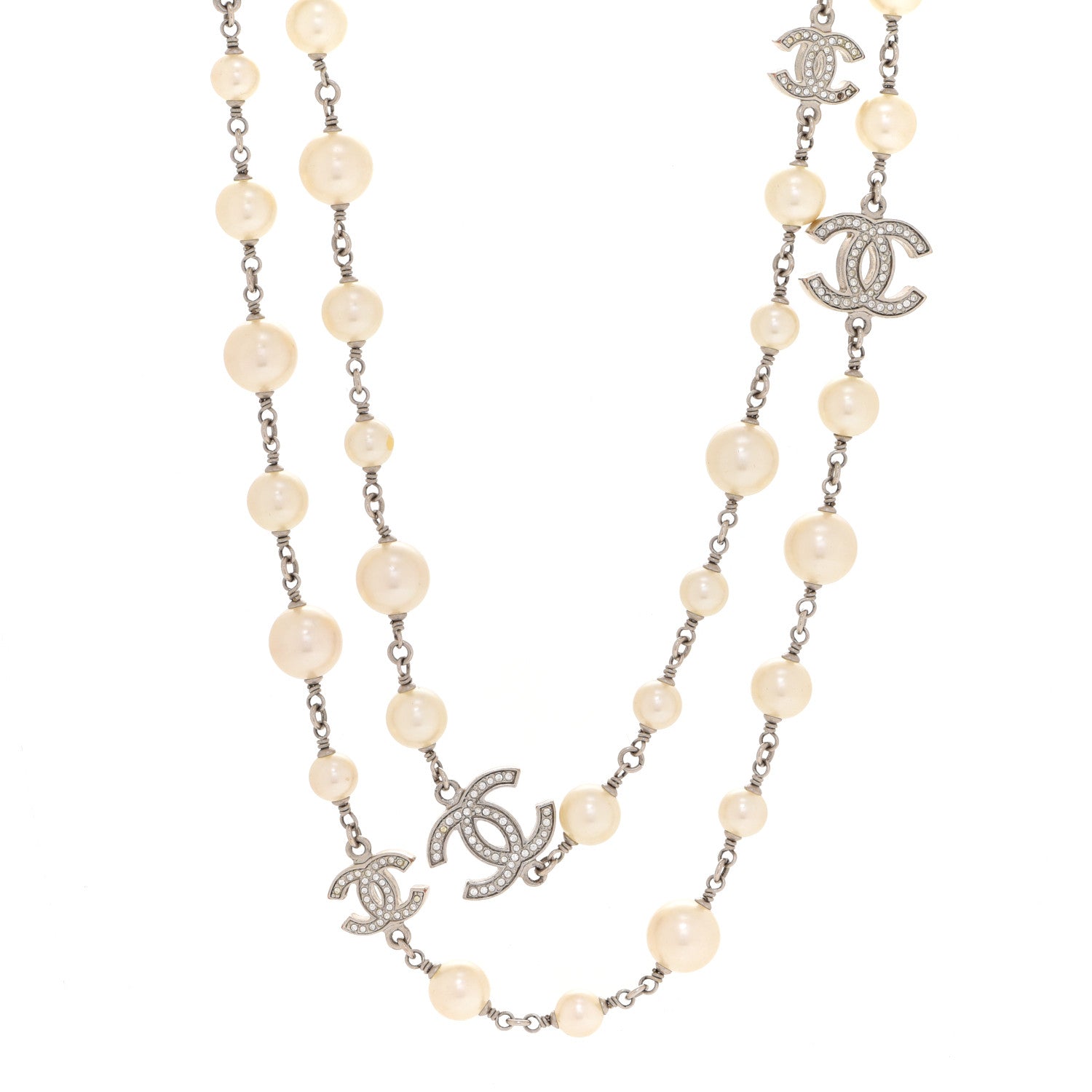 Chanel Graduated Pearl Crystal CC Long Necklace Silver 1 of 5