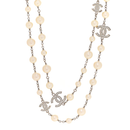 Chanel Graduated Pearl Crystal CC Long Necklace Silver 1 of 5