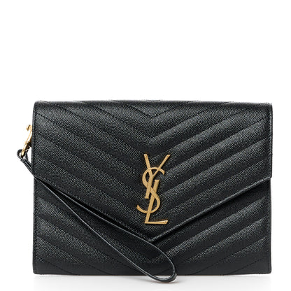 Saint Laurent Grain De Poudre Matelasse Chevron Monogram Envelope Clutch Black 1 of 11