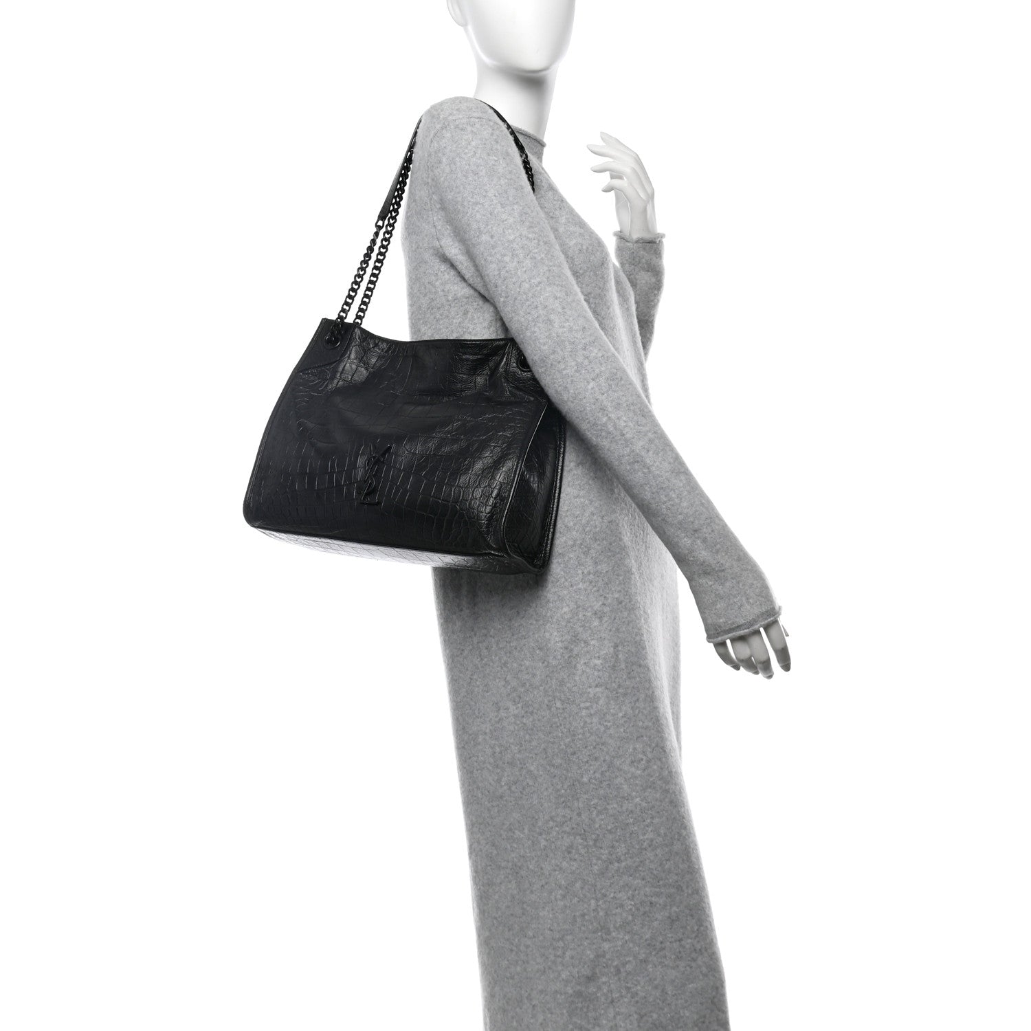 Saint Laurent Calfskin Crocodile Embossed Monogram Medium Niki Shopping Bag Black 2 of 9