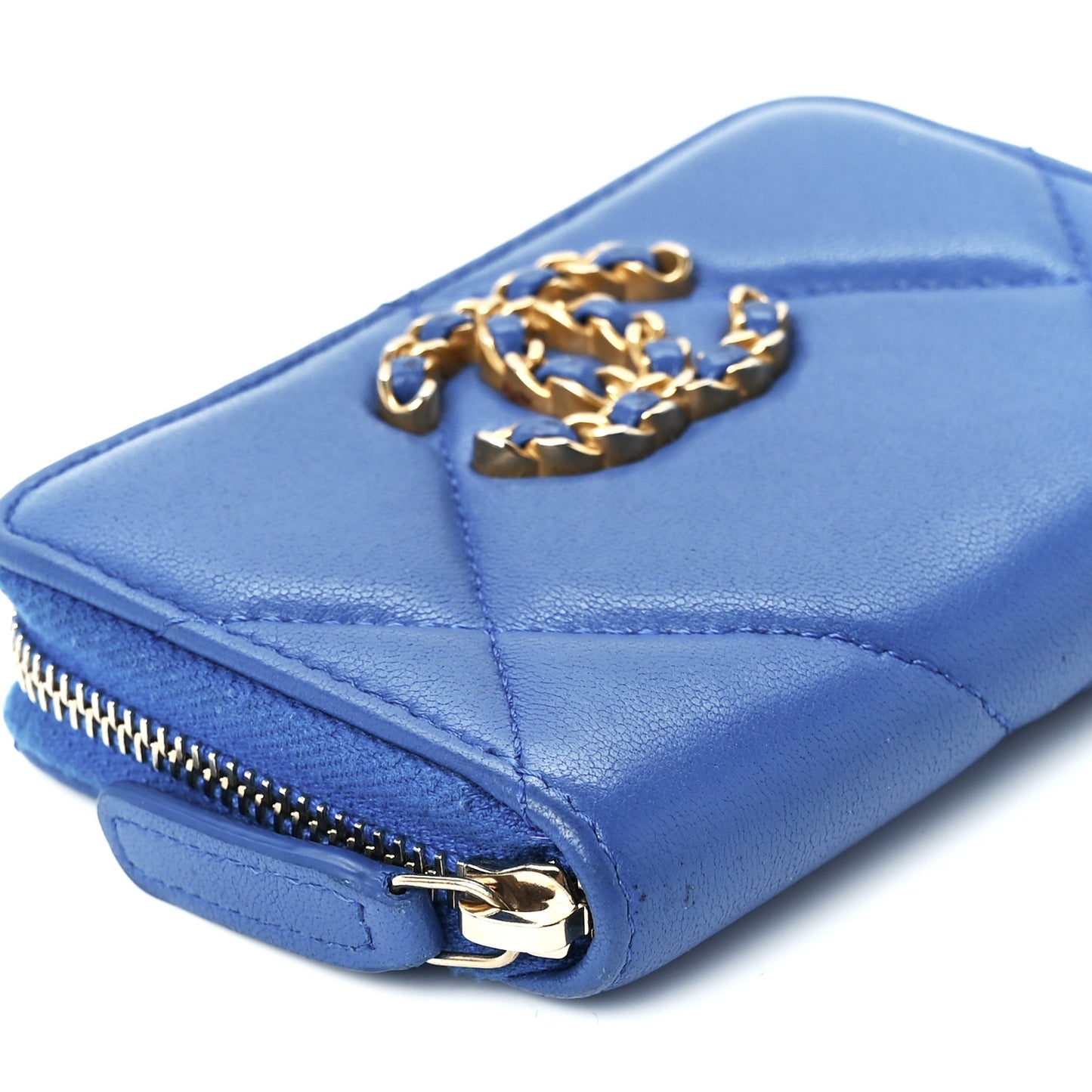 Lambskin Quilted Chanel 19 Zip Around Coin Purse Wallet Dark Blue