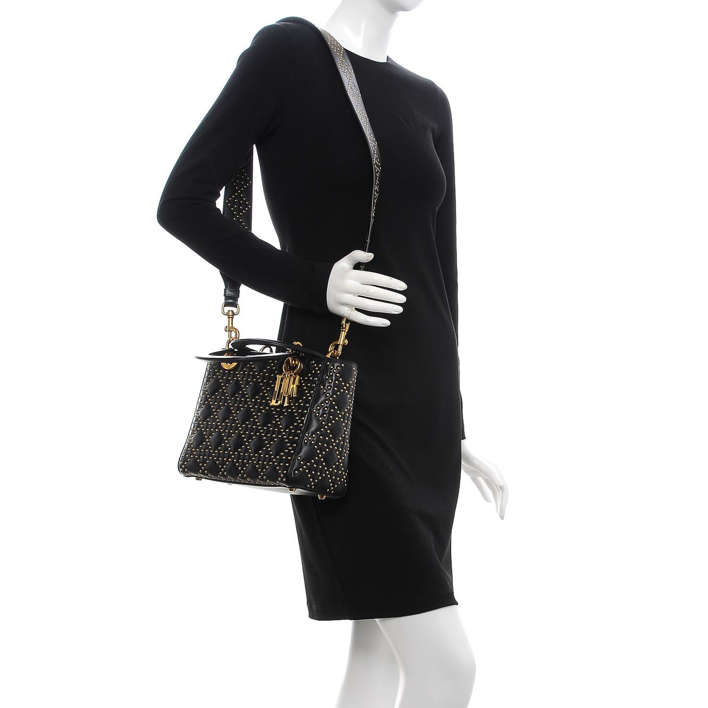Calfskin Cannage Studded Medium Supple Lady Dior Black