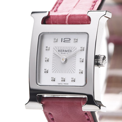 Hermes Stainless Steel Alligator Diamond Mother of Pearl 21mm Heure H Hour Quartz Watch Framboise 7 of 8