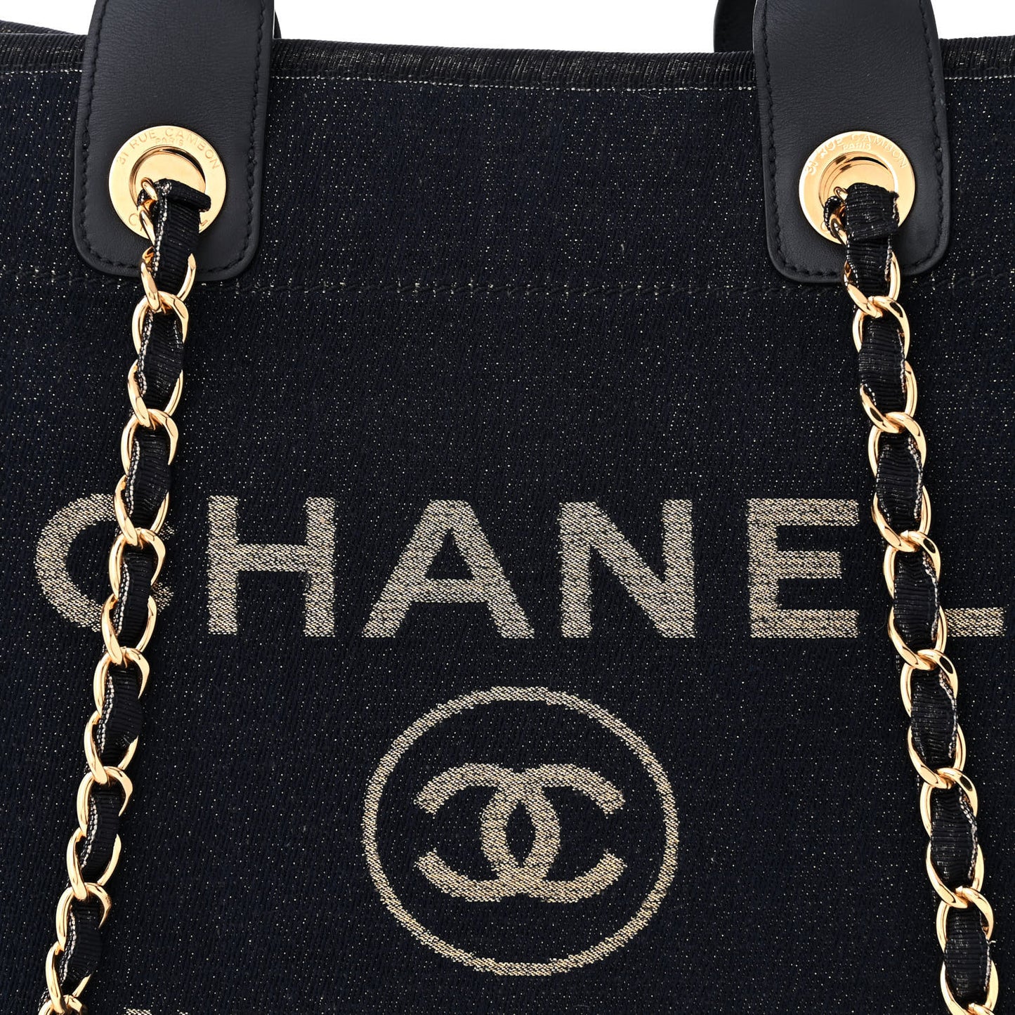 Lurex Canvas Medium Deauville Tote Navy Blue Gold