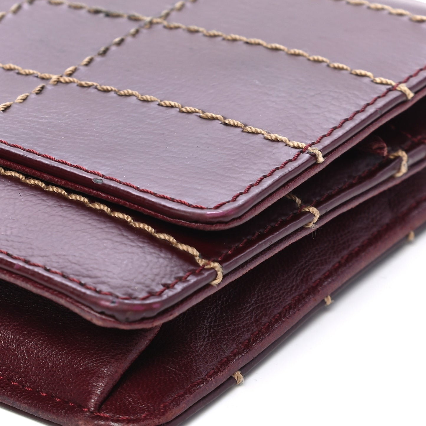 Calfskin Stitched Square Quilted Wallet On Chain WOC Burgundy