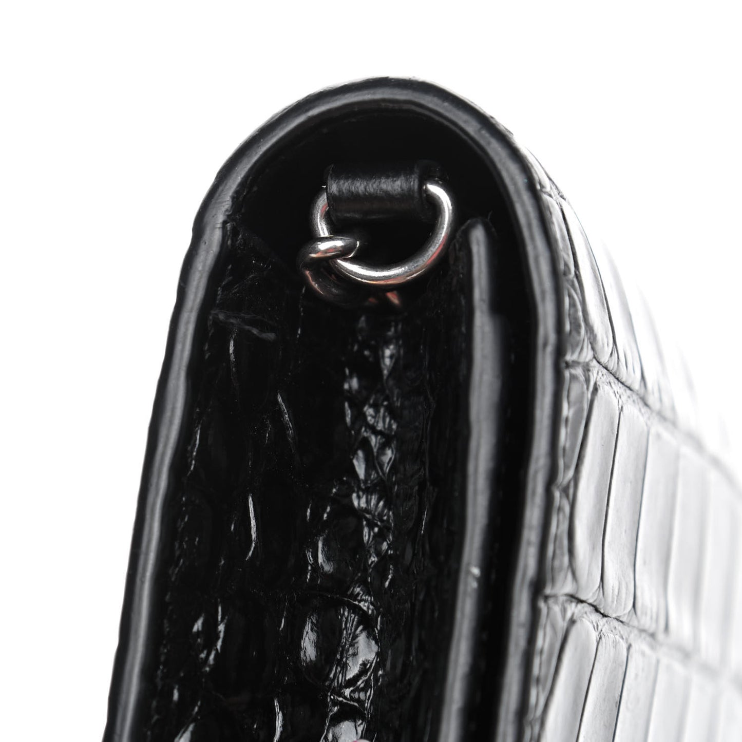 Shiny Calfskin Logo Crocodile Embossed Ville Wallet on Chain Black